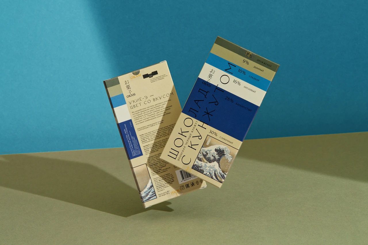结合色卡与日本版画的俄罗斯巧克力包装设计效果展示